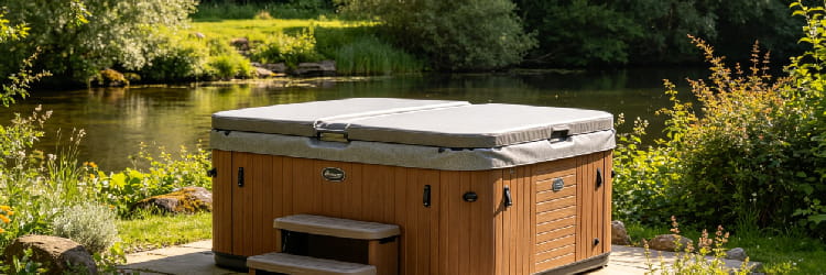 Wood-finished outdoor hot tub with insulated cover and steps, set by a scenic lake garden.png